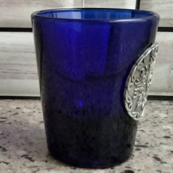 DUO: Cobalt Blue Glass Ashtray & Shot Glass Pewter Sun Medallion - Picture 6 of 11